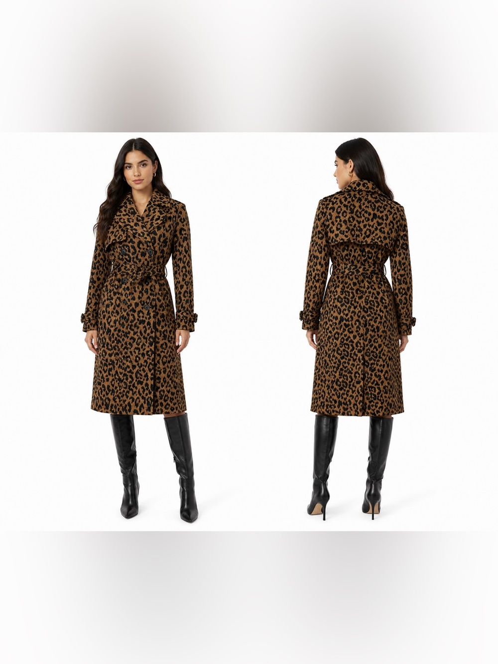 Elie Tahari Leopard Print Double Breasted Trench Coat Belted Women’s Designer